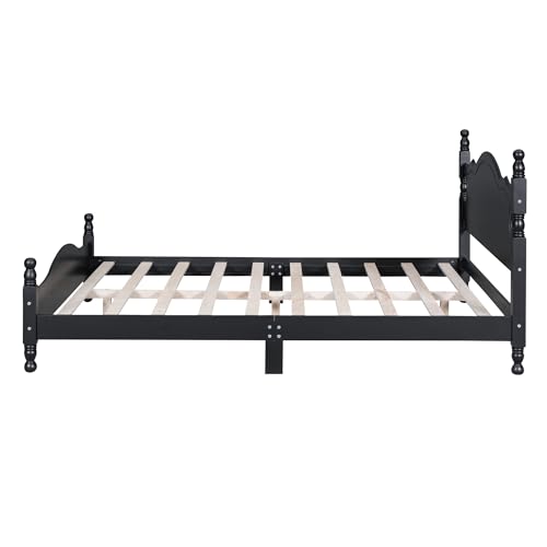 Retro Queen Bed Frame Wood Platform Bed with Headboard and Wooden Slat Support No Box Spring Needed (Black)