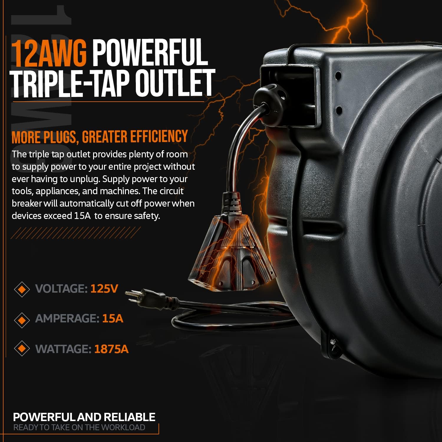 SuperHandy Extension Cord Reel Retractable 12AWG x 75' Feet Commercial Premium Flexible 3C/SJTOW Cable with Triple Tap Connector