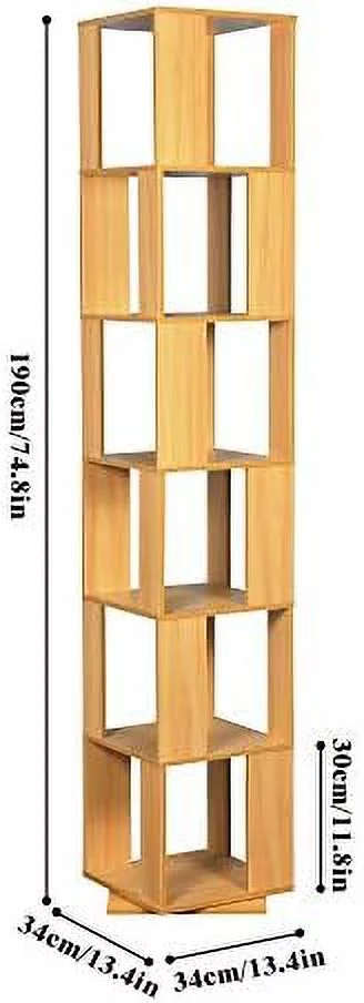 QIHANG- 6 Tier Wooden Bookcase Corner Tall Book  Modern ° Rotating  Display Rack Floor Standing Shelves with Open Design Shelving Unit for Home