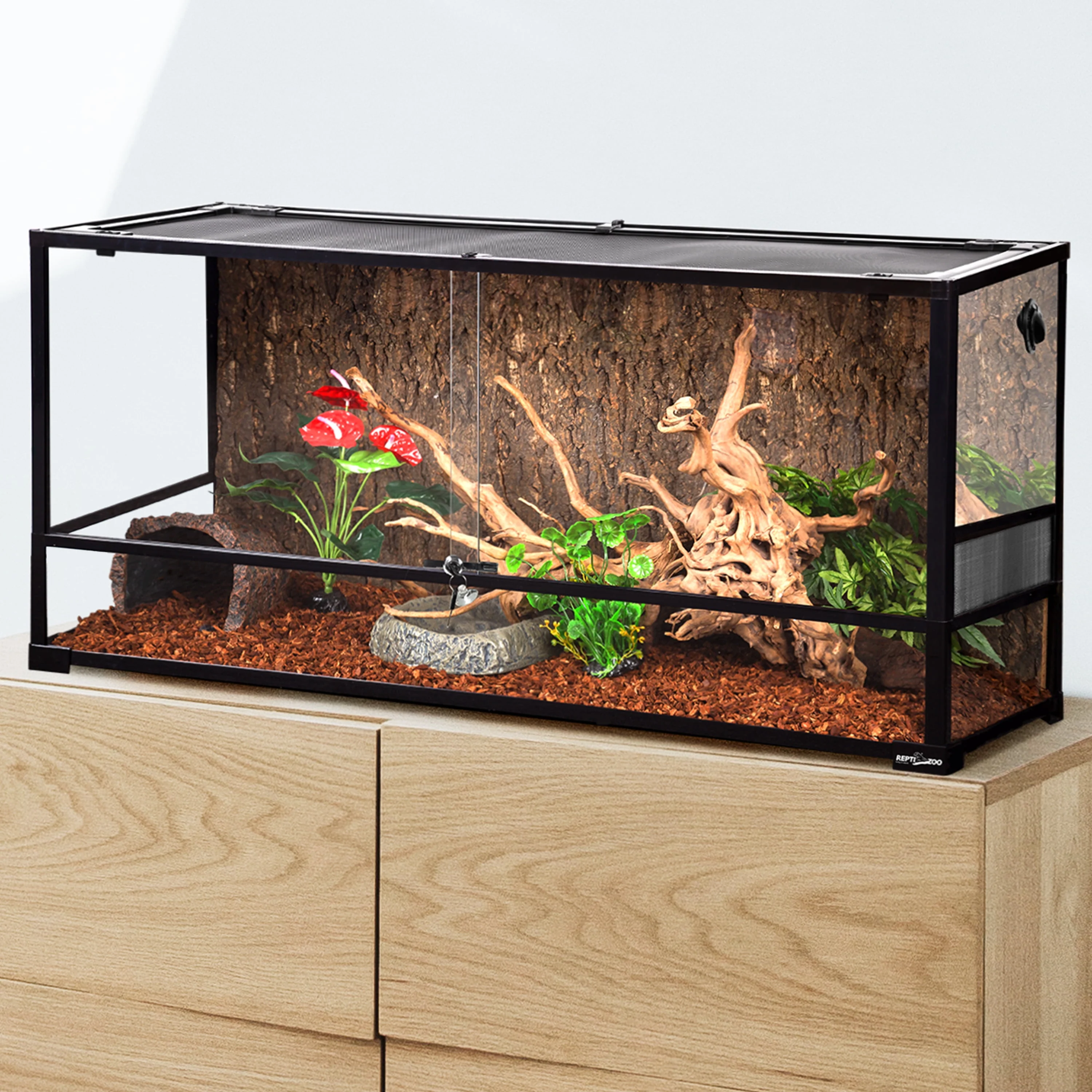 REPTI ZOO 90Gallon Reptile Large Terrarium Upgrade Glass Front Opening Tank Sliding Door with Screen Ventilation Reptile Terrarium About 48 x 18 x