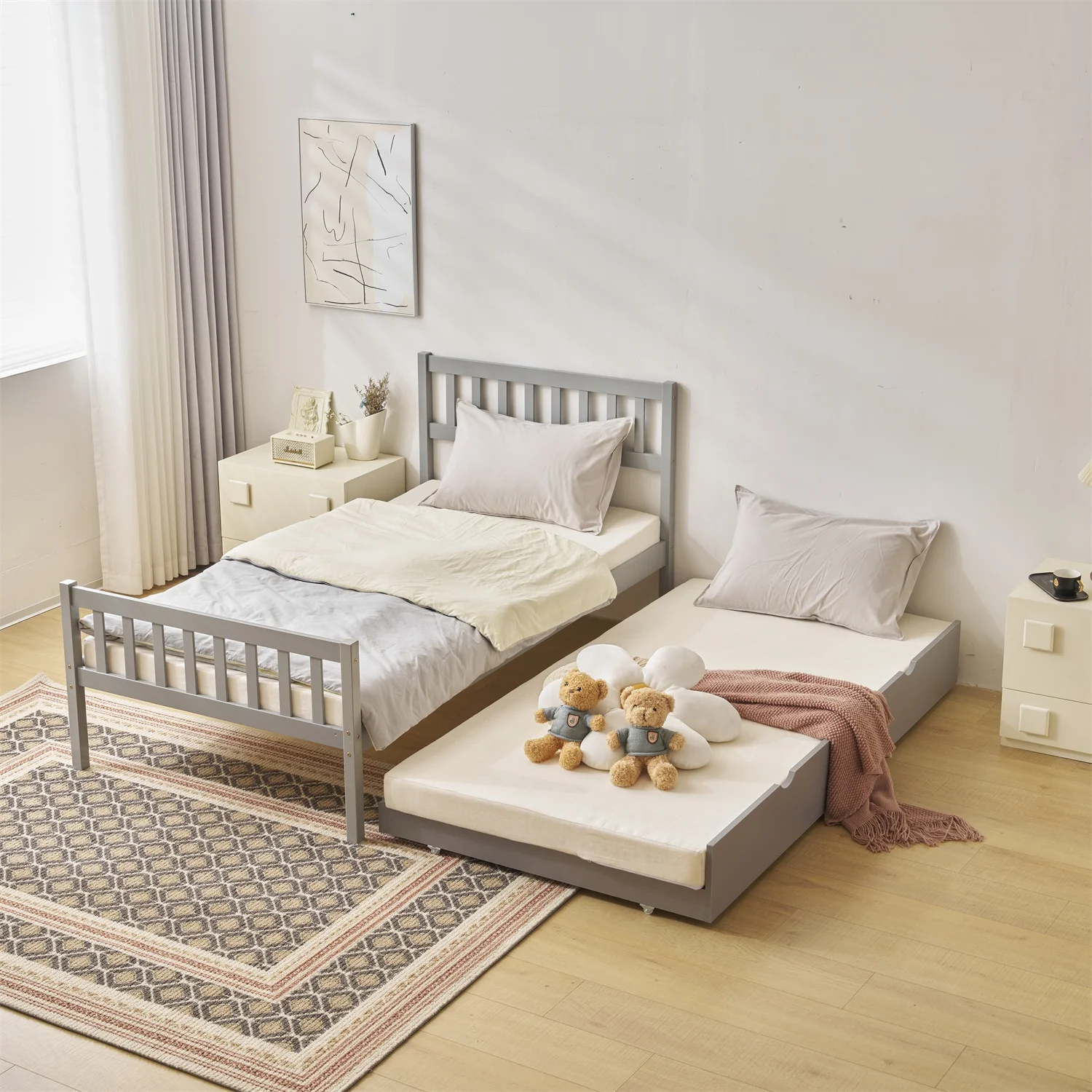 Zimtown Twin Bed with Trundle, Solid Wood Bed Frames with Headboard and Wooden Slats Support, Twin Trundle Bed Frame Roll Out, White