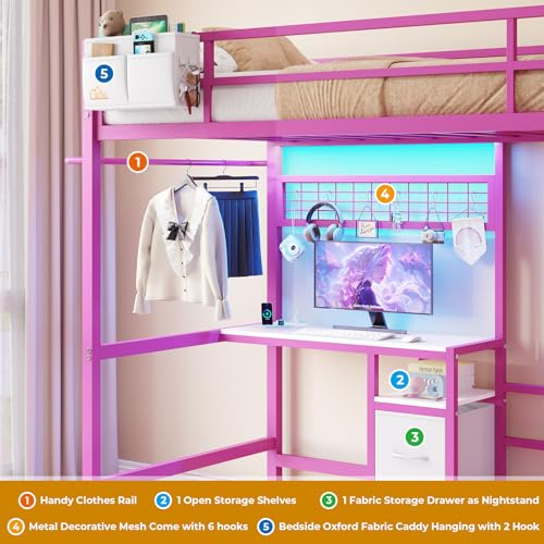 DICTAC Twin Over Twin Size Bunk Bed with Desk and Charging Station Metal Loft Bed with Led Lights & Storage Shelves and Drawers L-Shaped Bunk Bed for