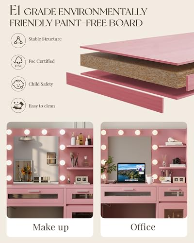 Vanity Desk with Mirror and Lights, Makeup Vanity with Drawer & Storage Shelves, Cabinet, 3 Lighting Modes Adjustable Brightness