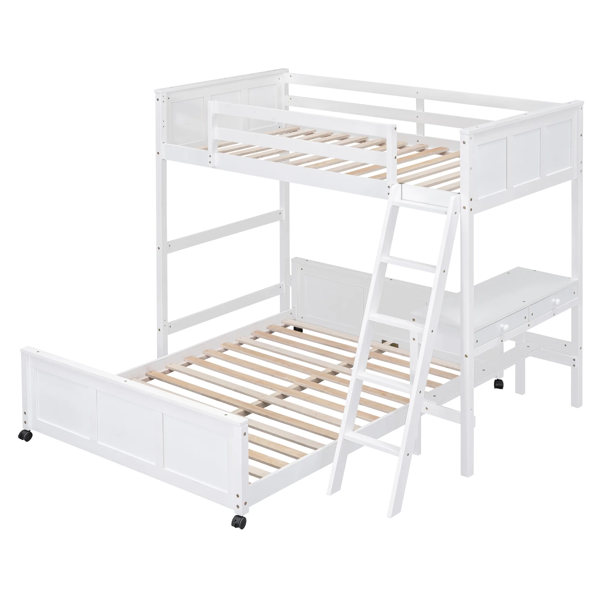 Bellemave Twin Over Full Bunk Bed with Desk and Storage Drawers, Solid Wood L-Shaped Loft Bunk Bed Frame for Kids Teens Adults (White)