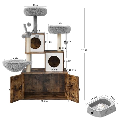 57.5-Inch Cat Tree with Litter Box Enclosure 2-in-1 Modern Cat Tower with Cat Condo/Hammock/Scratching Post/Plush Perch/Removable Pompom Sticks/Caves