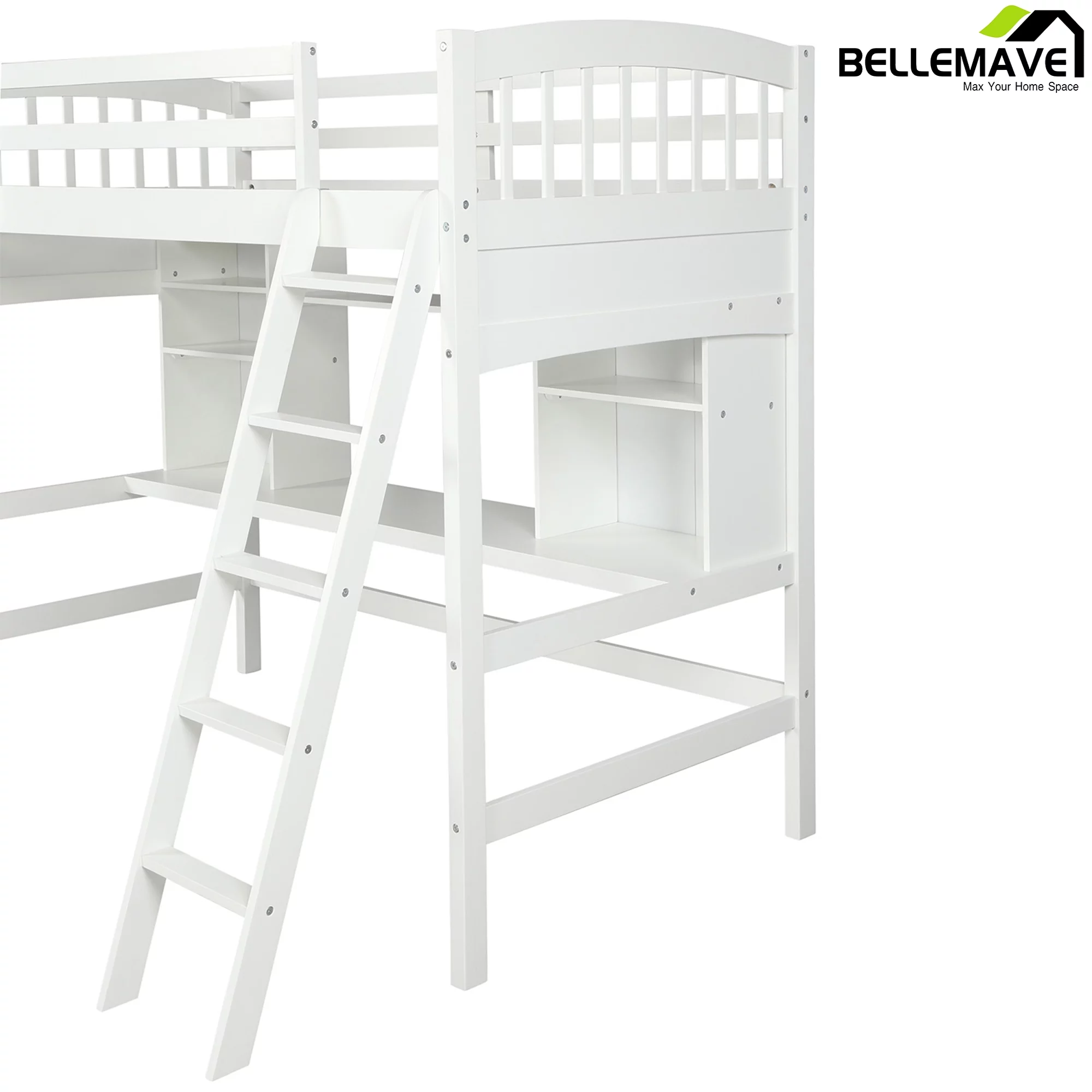 Bellemave Twin Size High Loft Bed with Storage Shelves, Desk and Ladder for Kids Bedroom,Solid Wood Bed frame with Safety Guardrails for Teens