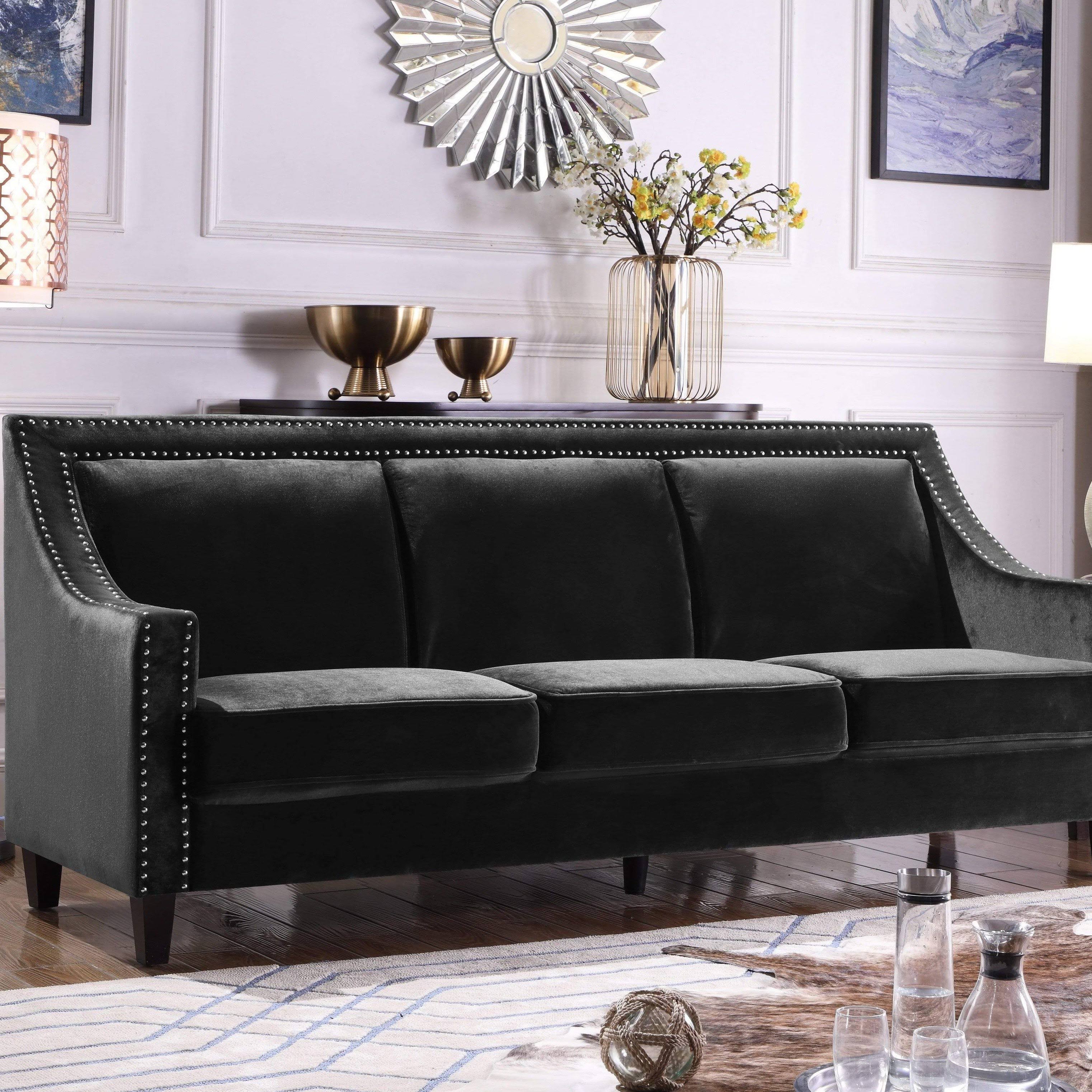 Chic Home Camren Sofa Velvet Upholstered Swoop Arm Silver Nailhead Trim Espresso Finished Wood Legs Couch Modern Contemporary, B