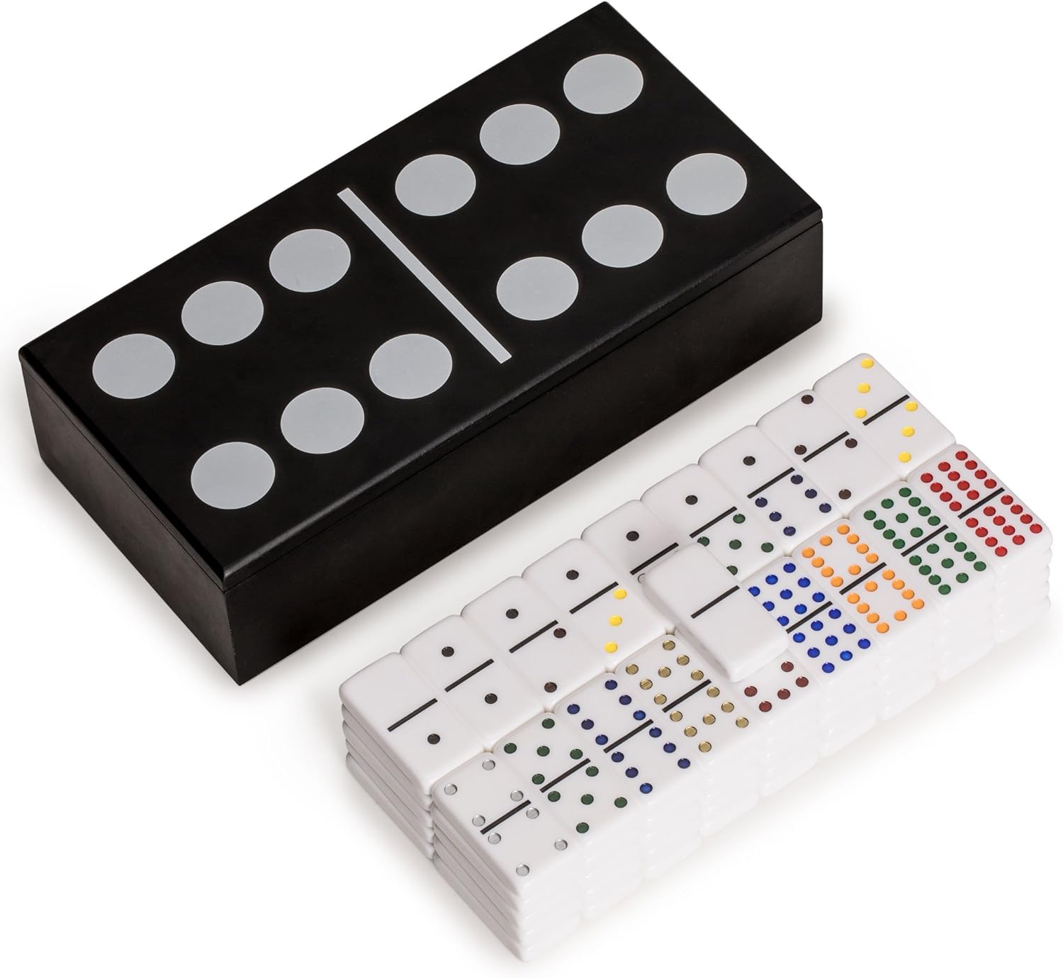 Yellow Mountain Imports Double 12 Colored Pips/Dots Dominoes in Black Lacquer Case