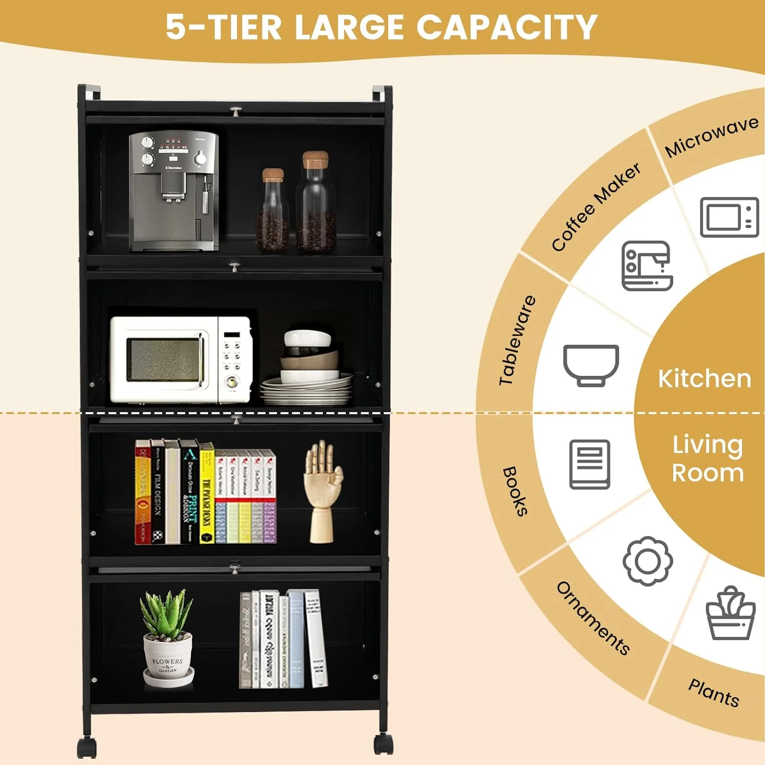 TJUNBOLIFE 5-Tier Kitchen  Cabinet  Freestanding Baker\u2019s Rack with 4 Rolling Casters  Mobile Microwave Stand with Double Anti-toppling Device
