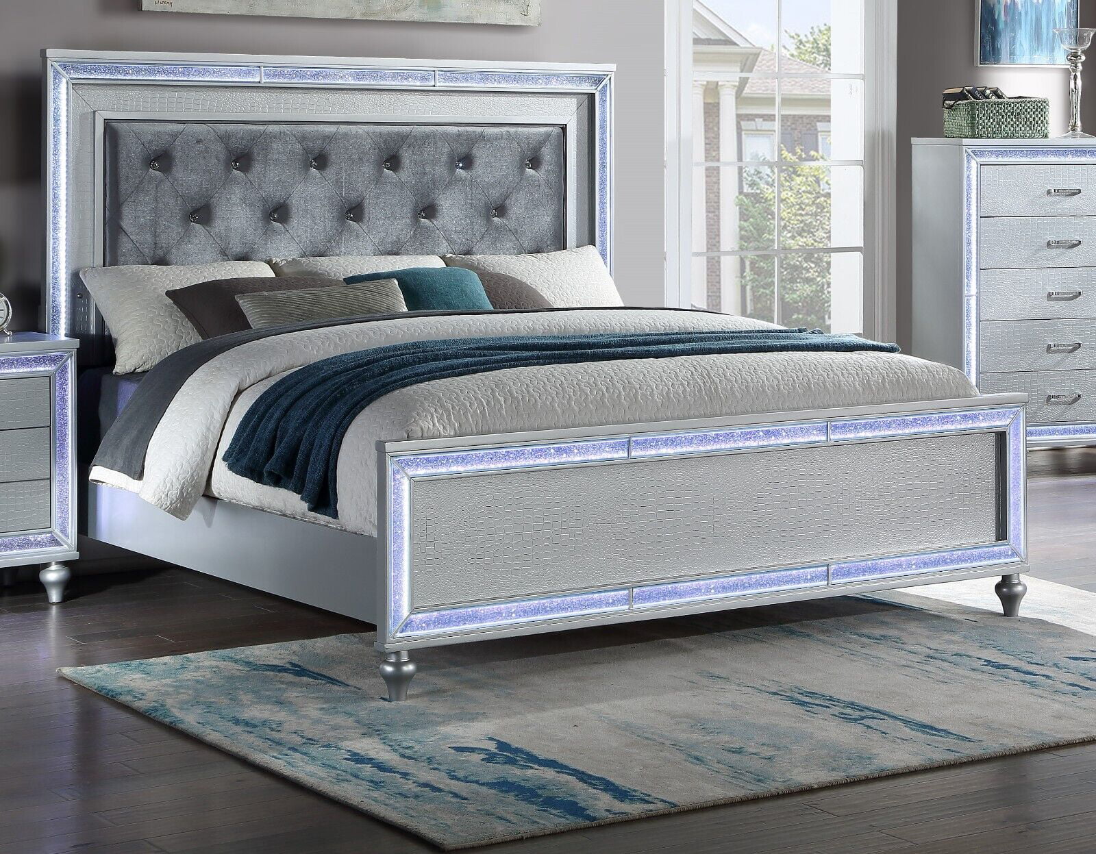 Contemporary 5pc King Size Upholstered Bed Dresser Mirror Nightstand Wooden Master Bedroom LED Lights Set Silver Finish