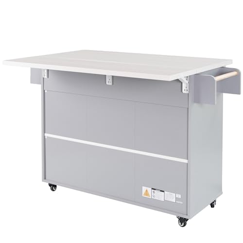 Ball & Cast Farmhouse Kitchen Island with Drop Leaf & Barn Door,Rolling Kitchen Cart on Wheels with Power Outlet,3 Large Drawers