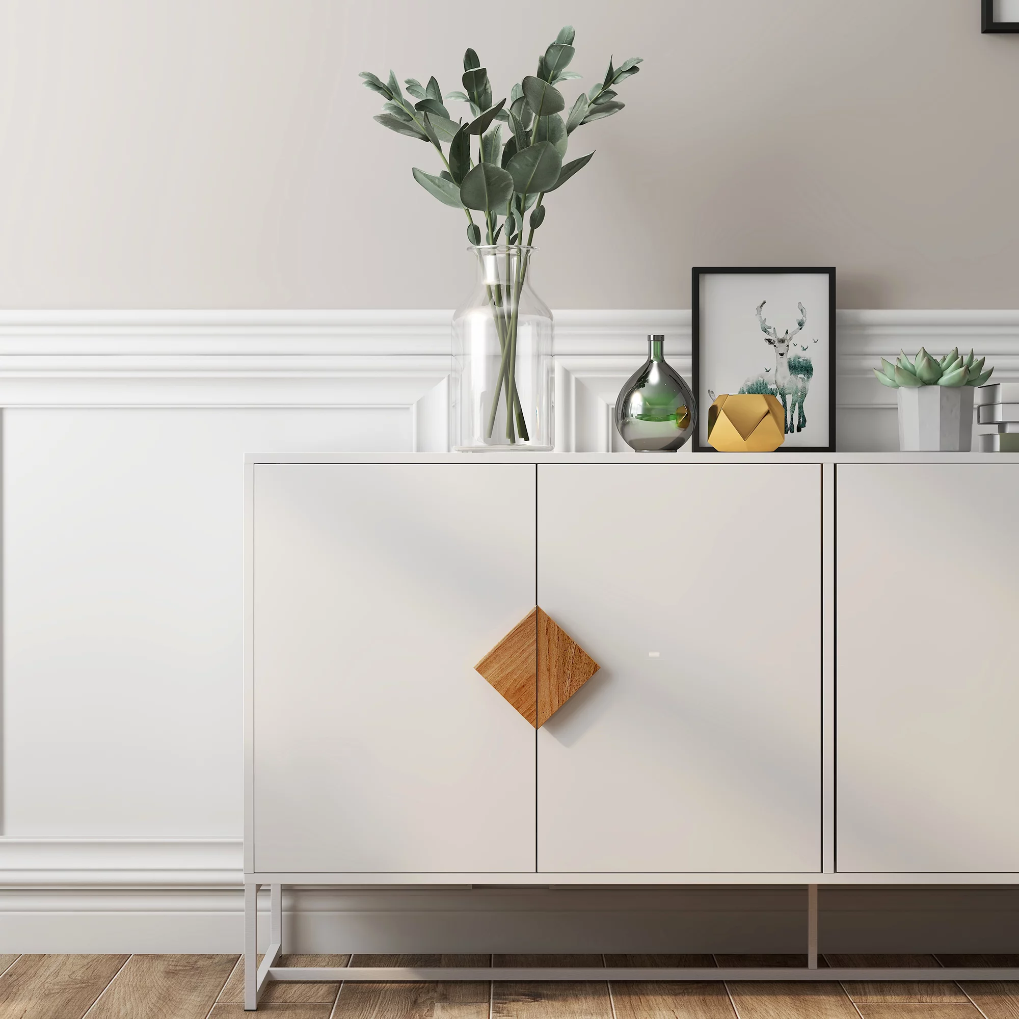 Saim Storage Sideboard Cabinet Double Storage Sideboard with 4 Doors, Solid Wood Square Handle Design Display Stand for Home, White