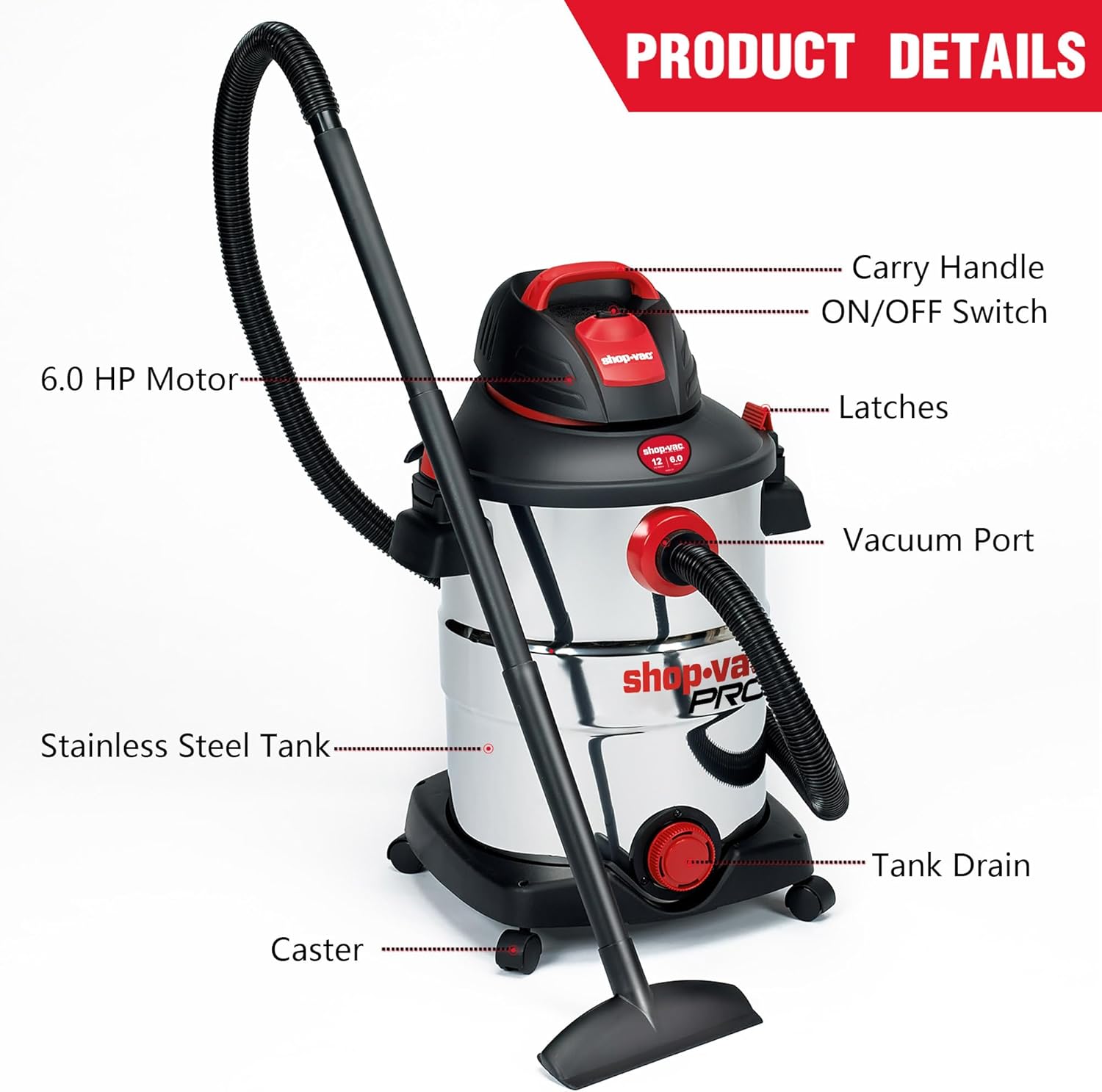Shop-Vac 12 Gallon 6.0 Peak HP Wet/Dry Vacuum, Stainless Steel Tank, 3 in 1 Function Portable Shop Vacuum with Attachments, Drain Port