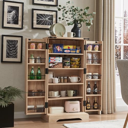 72" Tall Kitchen Pantry, Farmhouse Storage Cabinet with Barn Doors, Organizer, Drawer and Adjustable Shelves, Rustic Wood Cupboard for Kitchen