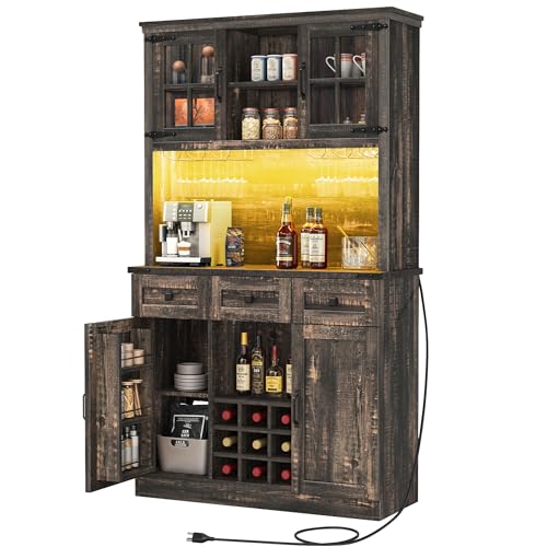 DWVO Coffee Bar Cabinet with Power Outlet/Lights, 72" Farmhouse Pantry Cabinet with Storage Shelves and 3 Drawers