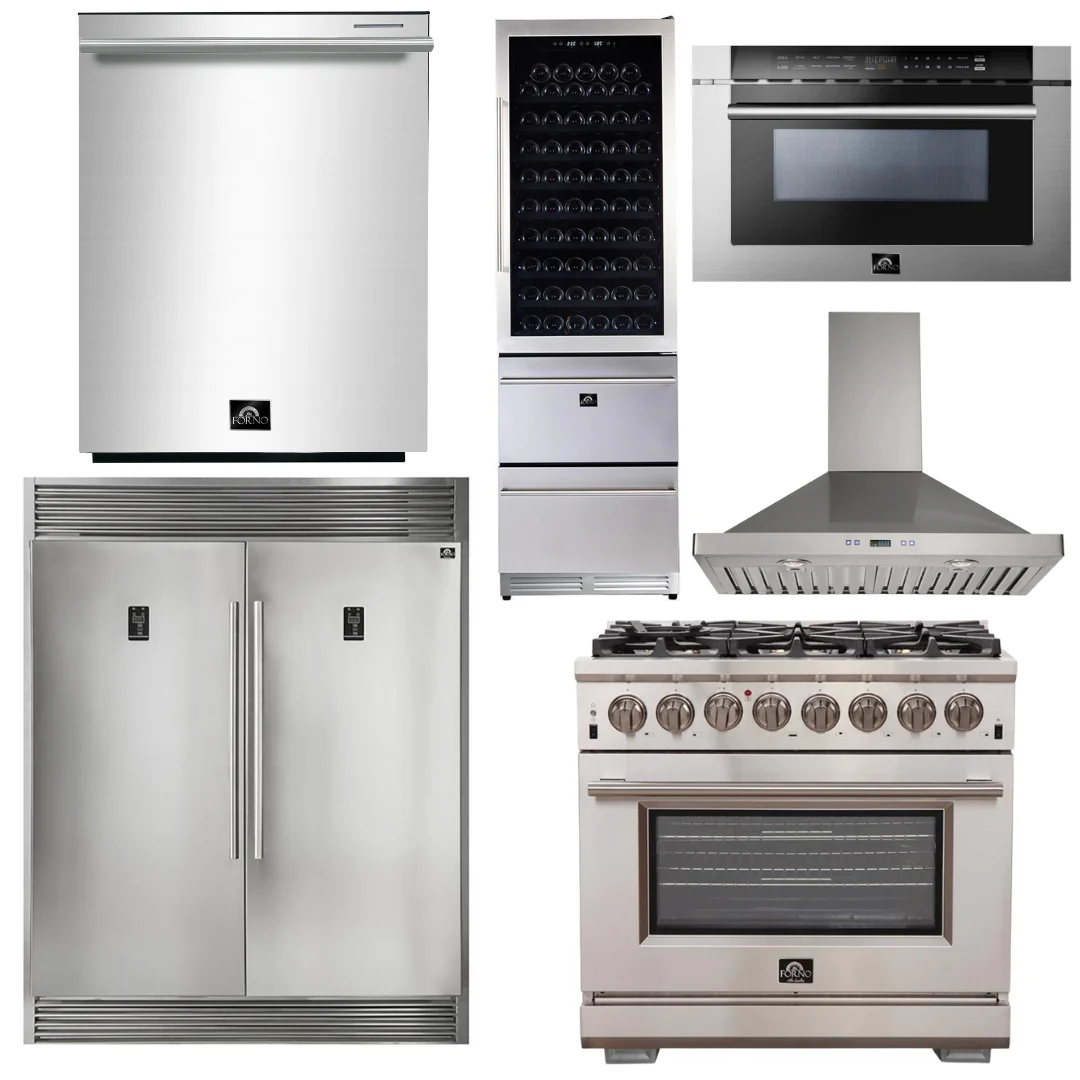 Forno Package - 36 Dual Fuel Range, Range Hood, Refrigerator, Microwave, Dishwasher, Wine Cooler