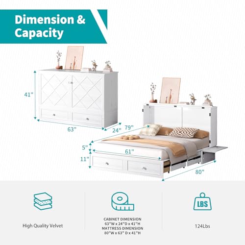 BALUS Murphy Bed Cabinet, 63" W Queen Cabinet Cube Chest Bed with Tri-fold Mattress, Charging Station