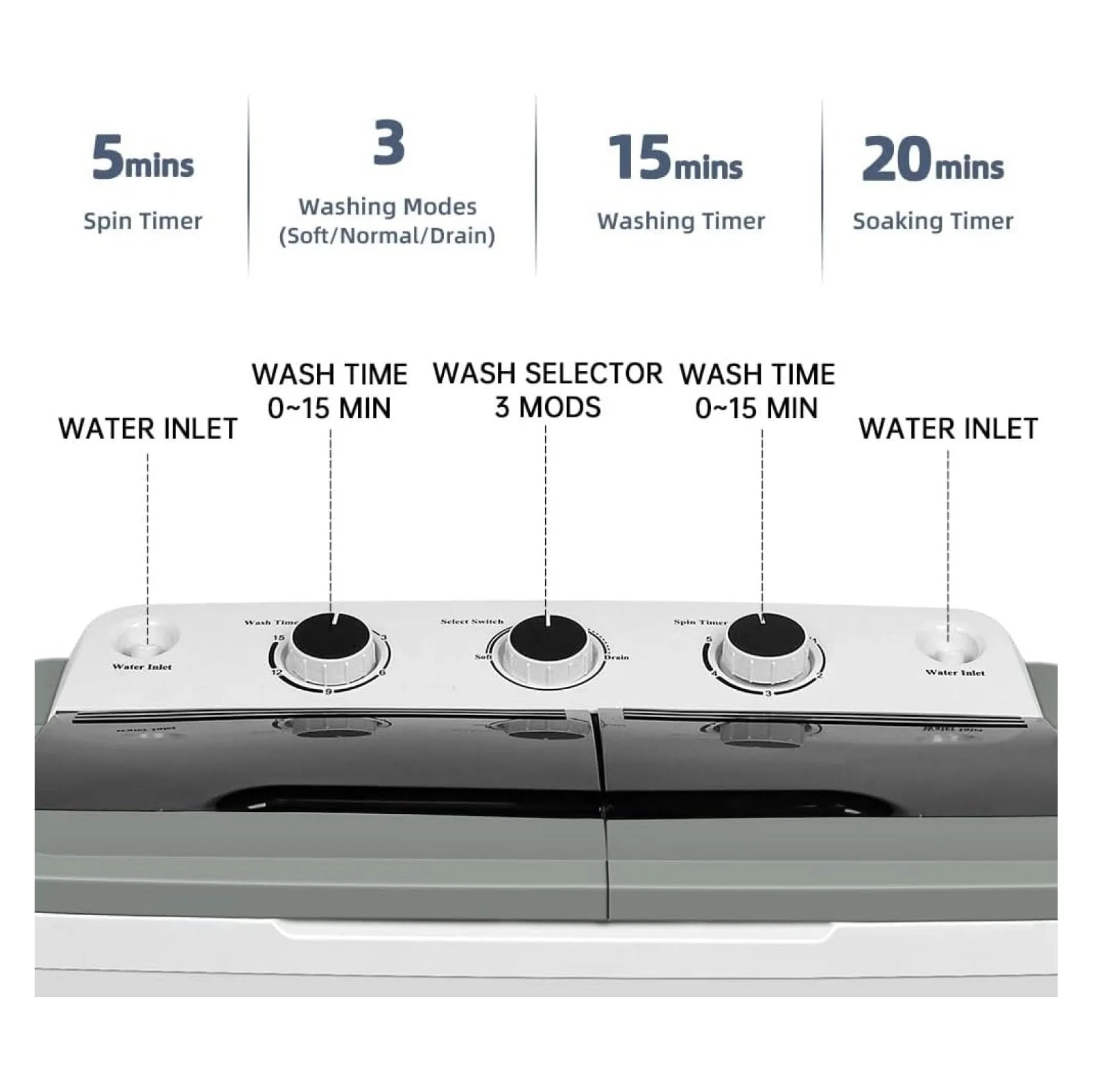 Portable Washing Machine 24lbs Mini Washing Machine Washer(15lbs)&Spiner(9lbs),Washer and Dryer Combo with Premium Metal Bucket for Apartments