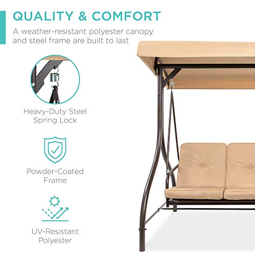 Best Choice Products 3-Seat Outdoor Large Converting Canopy Swing Glider, Patio Hammock Lounge Chair for Porch, Backyard w/Flatbed, Adjustable Shade