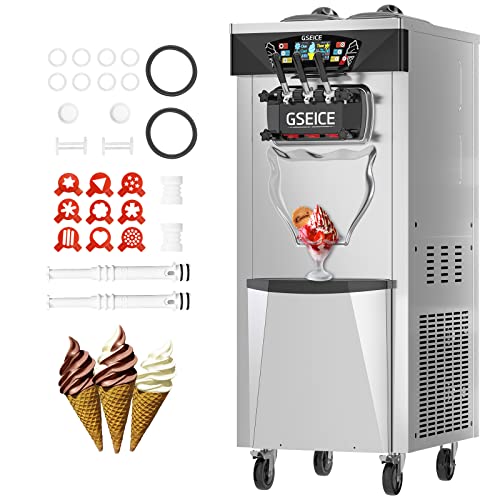 GSEICE Commercial Ice Cream Maker Machine, 2+1 Flavors Soft Serve Machine w/Two Hoppers Cylinders Puffing Pre-Cooling & Frequency Conversion