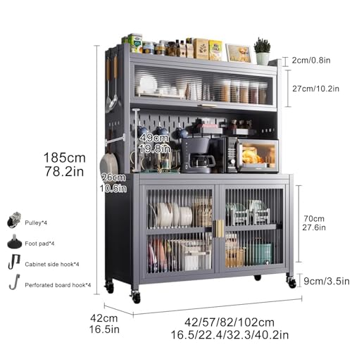 Bakers Rack with Storage, 5-Tier Metal Shelving, Standing Baker's Racks with Rolling Wheels, DIY Backplane Creative