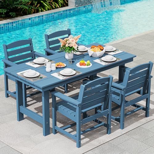 SERWALL Outdoor HDPE Dining Table Set, 7-Piece Outdoor Dining Table Sets with Umbrella Hole Cut-Out Table and 6 Chairs, Gray