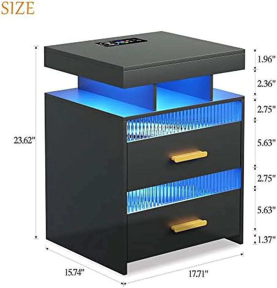 Nightstands Set of 2 with Charging Station  Smart Beside Table with 2 Drawers &amp; Touch Control LED Lights