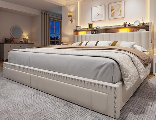 EnHomee Queen Bed Frame with 3 Storage Drawers, Upholstered Bed Frame Queen Size with 2-Tier Storage Headboard, Wooden Slats, No Box Spring Needed