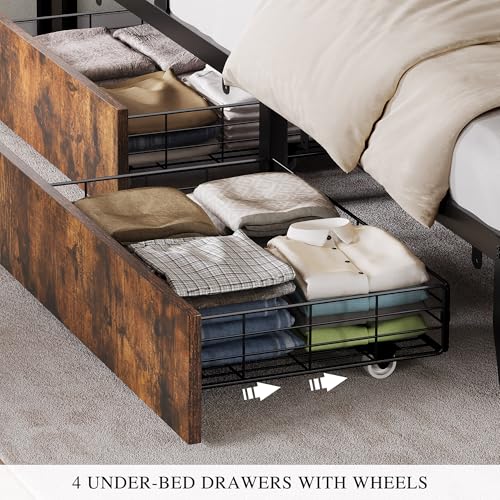 YITAHOME Queen Size Bed Frame with RGB LED Lights and 4 Drawers, Upholstered Platform Bed with Charging Station and Storage Headboard