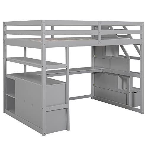 Harper & Bright Designs Twin Over Twin Bunk Bed with Stairs and Trundle, Solid Wood Stairway Bunk Bed Frame with Storage