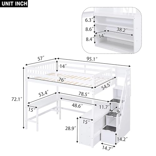 Full Size Loft Bed with Desk & Wardrobe, Solid Wood Kids Loft Bedframe w/3 Storage Drawers & 2 Shelves, Maximum Space Design, for Bedroom, Dorm, Gray