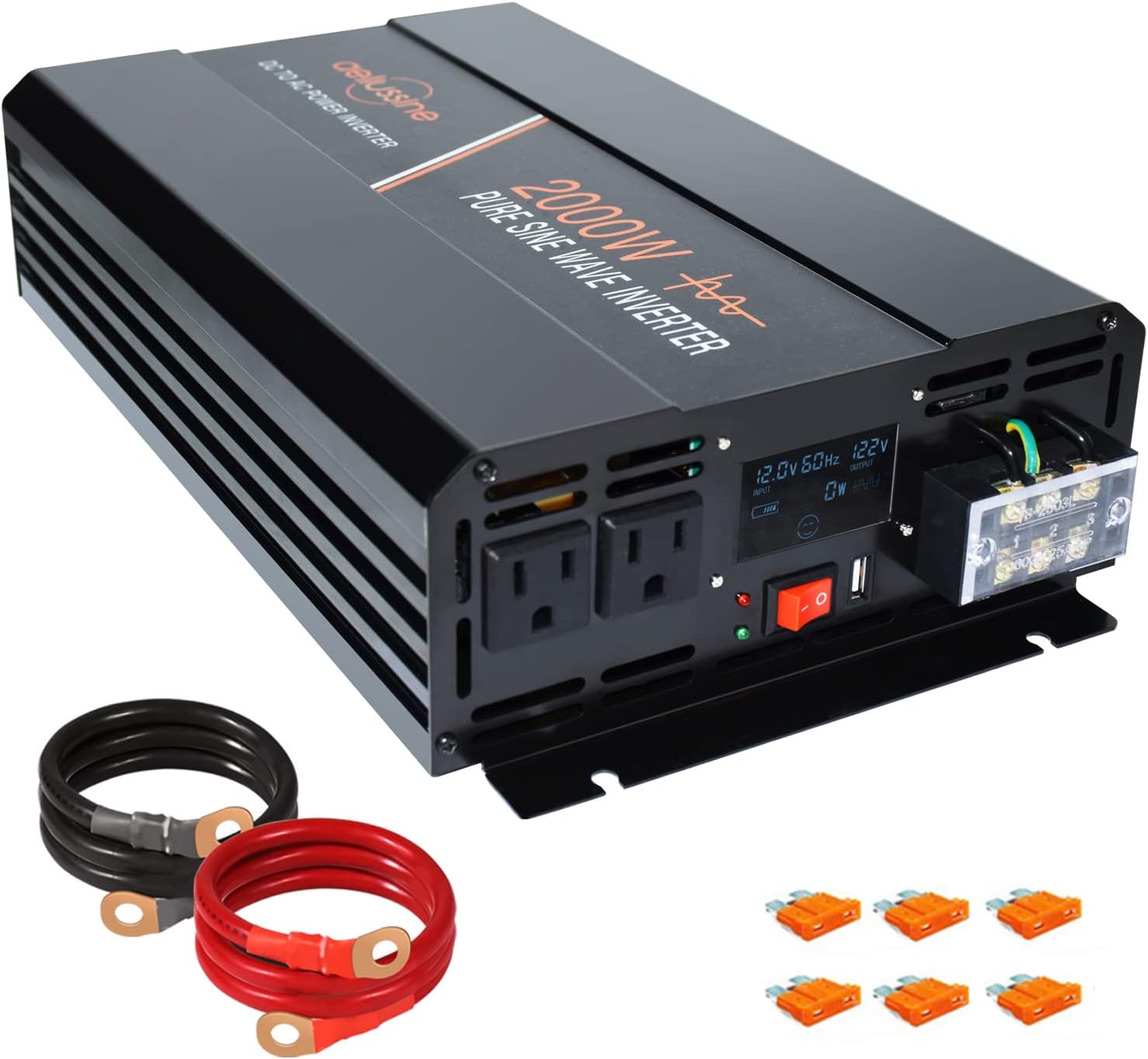 aeliussine Power Inverter 2000W Pure Sine Wave Inverter 12v DC to AC 120v Peak 4000 Watt Converter with LCD Display USB Charge Port for Car RV Boat