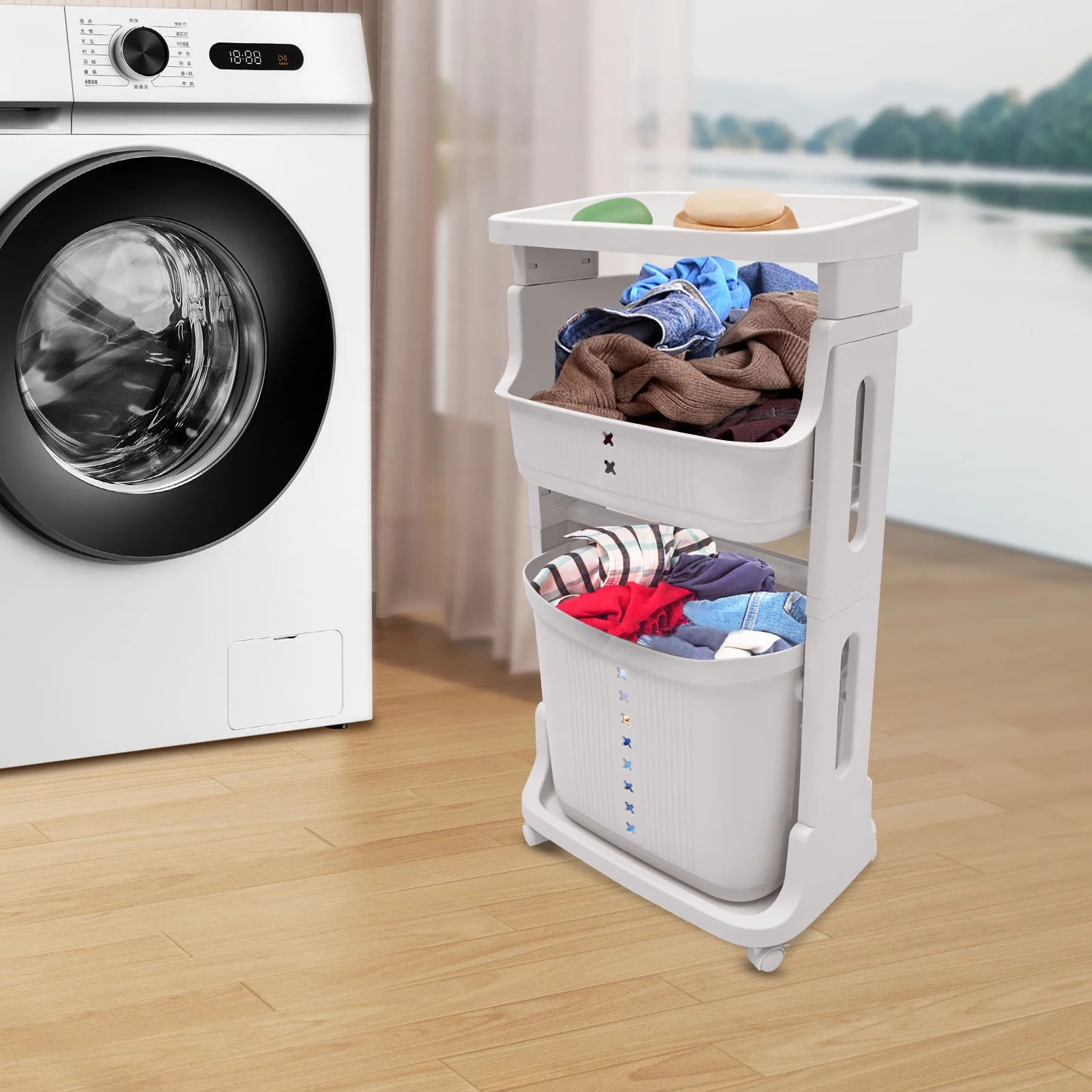 3-Tier Portable Laundry Basket Laundry Hamper Freestanding Rolling Storage Cart W/4 Universal Wheels Dirty Clothes Storage Basket White Organizer