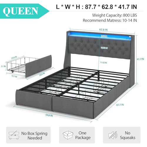 Queen Bed Frame with 2 Storage Drawers, Platform Bed Frame Queen Size with LED Light, Upholstered Headboard, Charging Station, Steel Slat Support