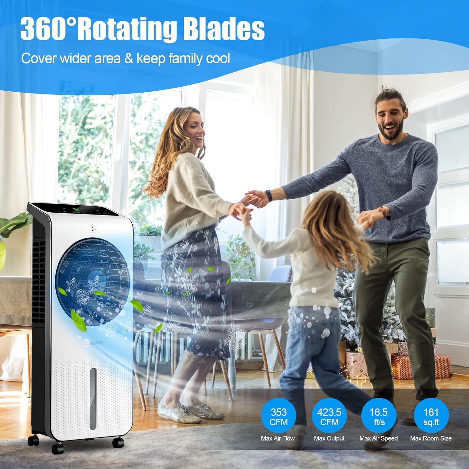COSTWAY Portable Evaporative Air Cooler, 3-in-1 Swamp Cooler w/Remote Control, 360° Rotating Fan Blade, 3 Modes, 12H Timer, 2 Ice Packs