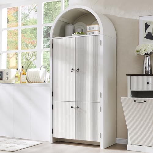 71" Tall Arched Kitchen Pantry, Modern Fluted Wood Storage Cabinet with Doors, 3 Adjustable Shelves, 6 Door Shelves, Organizer