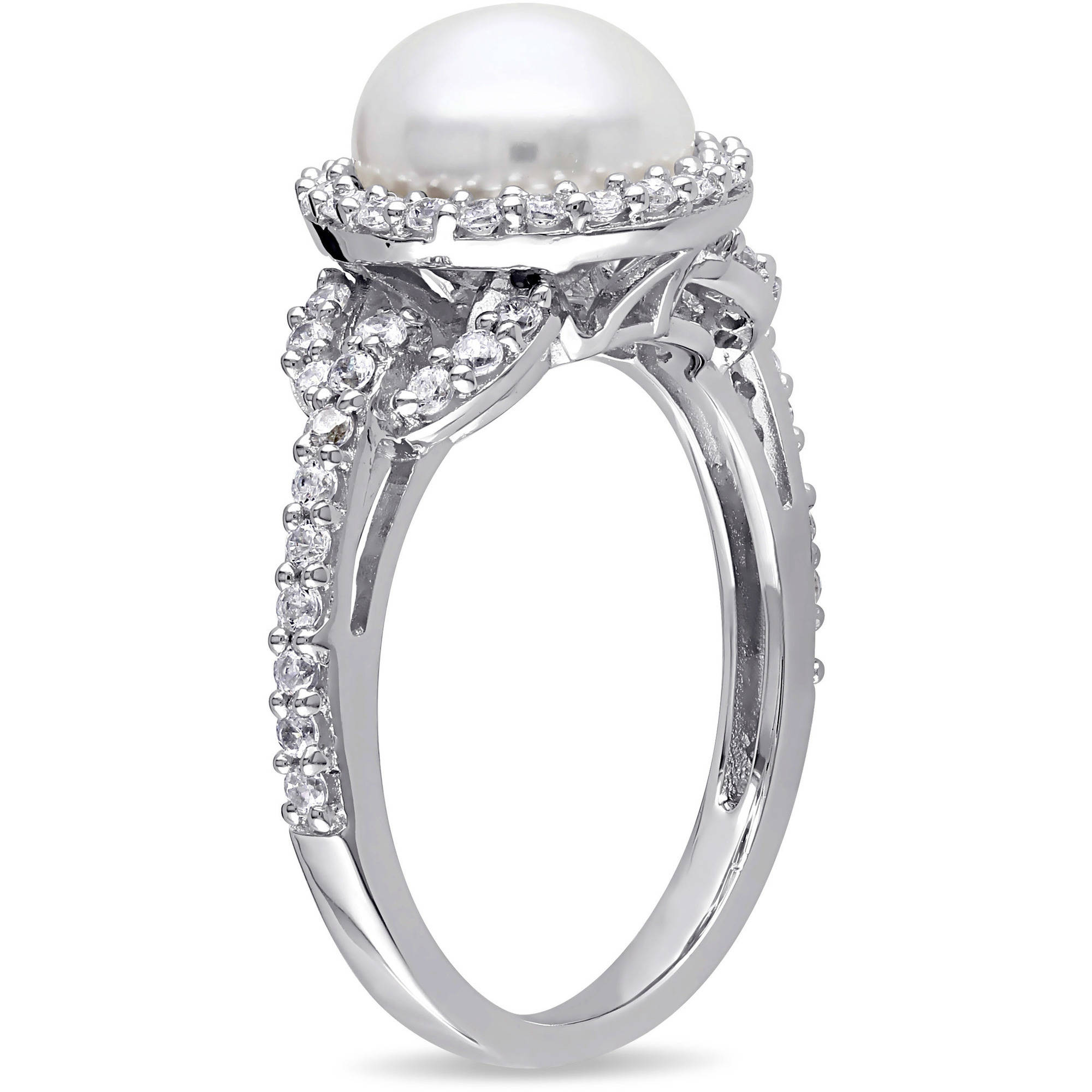 8.5-9mm White Cultured Freshwater Pearl and 1 Carat T.G.W Cubic Zirconia Halo Sterling Silver Ring