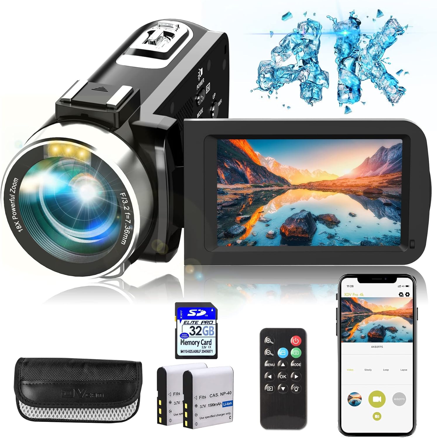 Hojocojo Video Camera, 4K Camcorder with IR Night Vision, WiFi Digital Camera, 18X Digital Zoom, Vlogging Camera for YouTube, Kids Video Camera