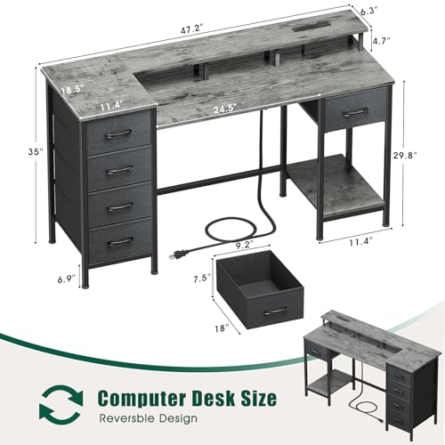 47 Inch Computer Gaming Desk with Power Outlets LED Lights Reversible Home Office with Adjustable Fabric Storage Drawers for Working Writing Study