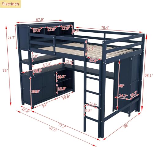 Harper & Bright Designs Full Size Loft Bed with Wardrobe and L-Shaped Desk, Metal Loft Bed with Storage Cubes, Cabinet, Shelves for Kids Teens, White