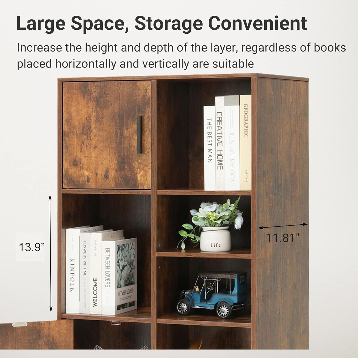 USIKEY Large Storage Cabinet, Mid Century Bookshelf with 2 Doors, 5 Open Shelves, 47.6 H Bookcase Cabinet with Adjustable Shelf