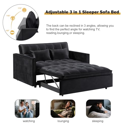 3 in 1 Sleeper Sofa Bed, Futon Sofa Bed for Living Room with Side Pocket, Black Sleepers Sofa Couch with Pullout Bed