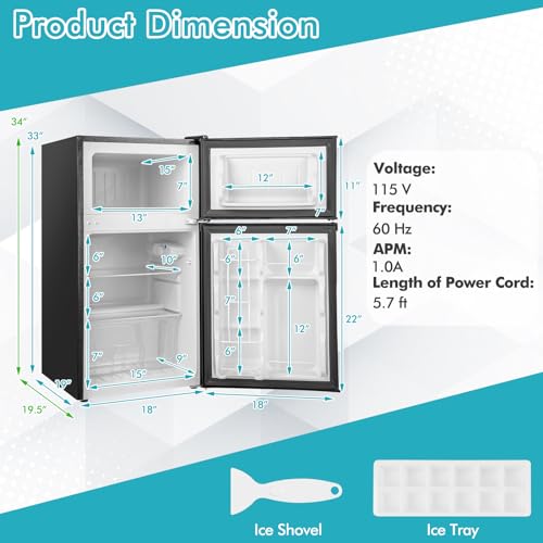 COSTWAY Compact Refrigerator, 3.2 Cu.Ft. Fridge Freezer Compartment with Reversible 2 Door, Adjustable Thermostat, Removable Glass Shelves
