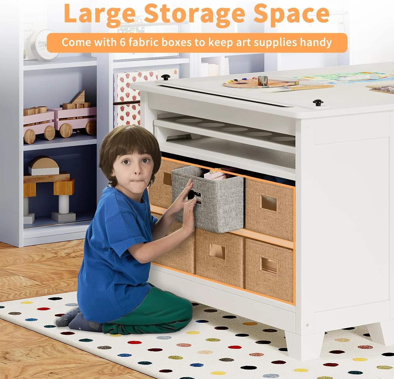 Kids Art Table and Chair Set, Linor Wooden Childern Desk, Kids Craft Table with Two Chairs, Storage Shelves, Canvas Bins, Paper Roll