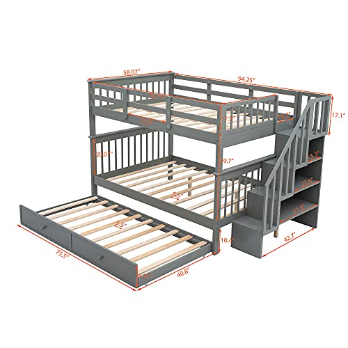 Harper & Bright Designs Twin Over Twin Bunk Bed with Stairs and Trundle, Solid Wood Stairway Bunk Bed Frame with Storage