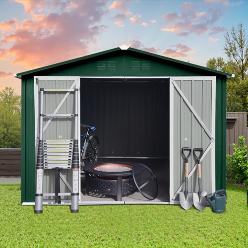 8x6 FT Outdoor Storage Shed, Metal Tool Shed with Lockable Doors, Peaked Roof & Frame Floor