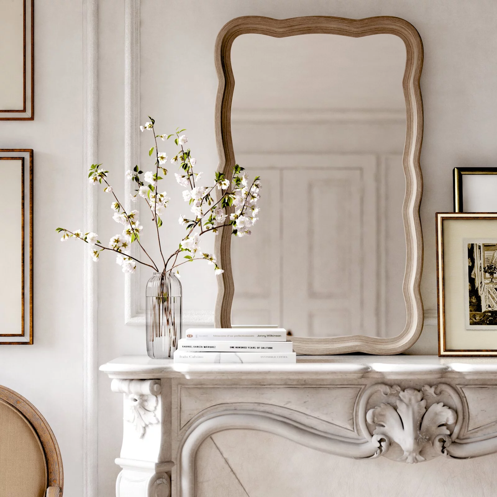 COZAYH Curved Wood Frame Accent Mirror, Farmhouse French Country Decorative Wall Mirror, Rectangle 23.5" L x 38" W, Natural