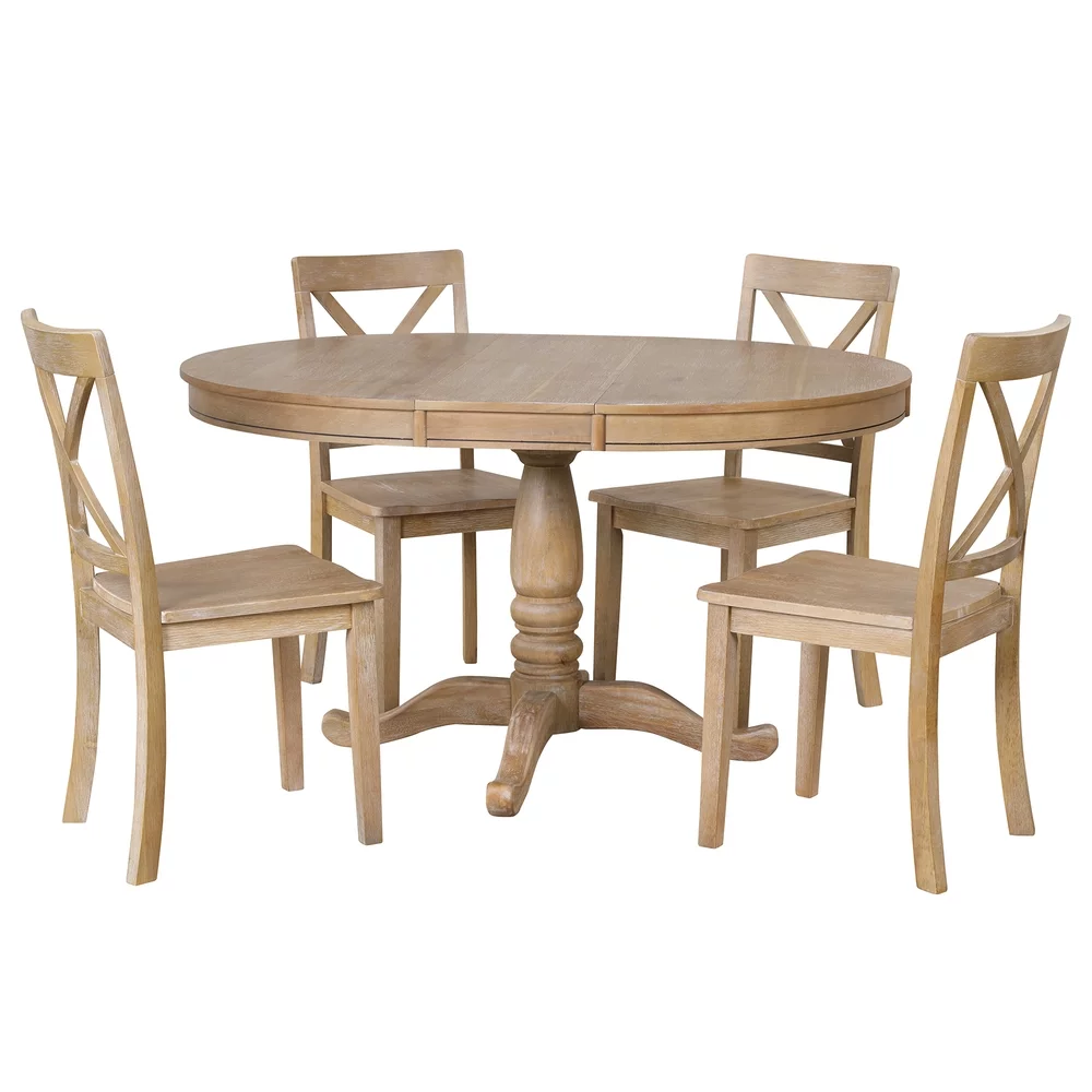 5-Piece Dining Table and Chairs Set for 4 Persons, Solid Wood Round Table with 4 Chairs for Apartment Kitchen Dining Room