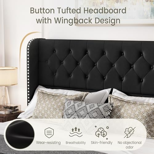 King Size Bed Frame with 4 Storage Drawers and Tufted Headboard Linen Upholstered Platform Bed Frame Wingback Beds with Wooden Slats Support