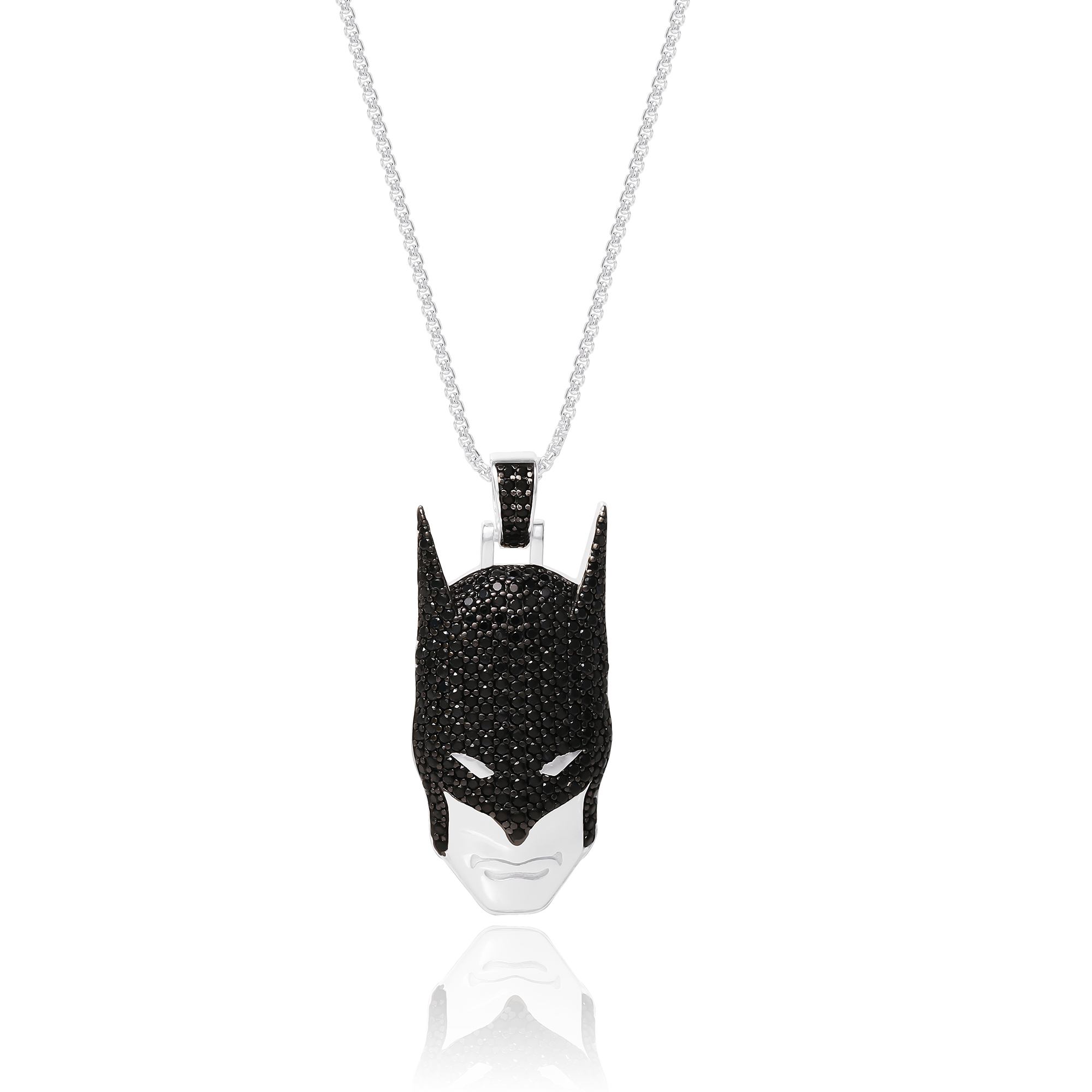 Justice League Mens Batman Pendant Necklace, Sterling Silver and Black CZ, 24"